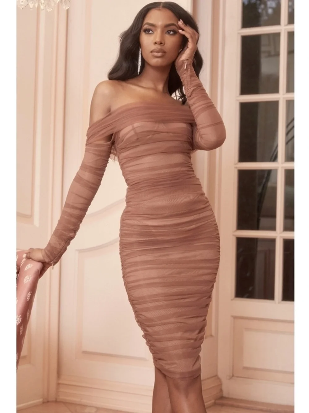 House of CB | Dresses | House Of Cb Anais Chestnut Brown Ruched Mesh Midi  Dress Size M | Poshmark